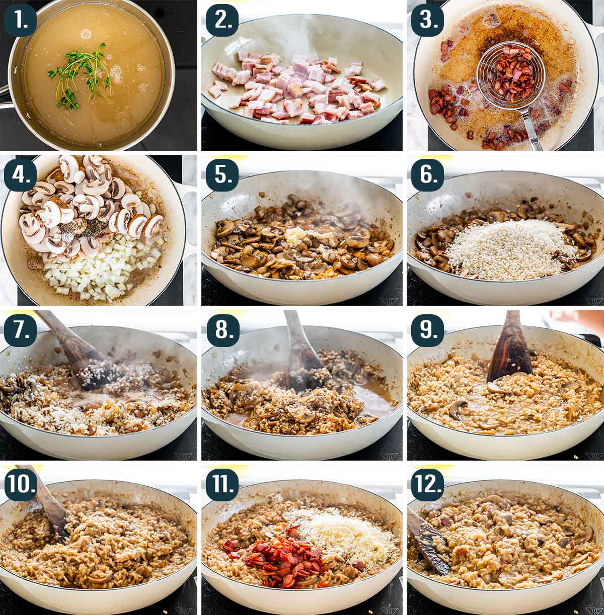 detailed process shots showing how to make mushroom risotto with bacon