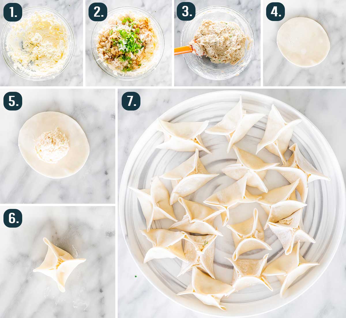 detailed process shots showing how to make crab rangoon filling and how to assemble them