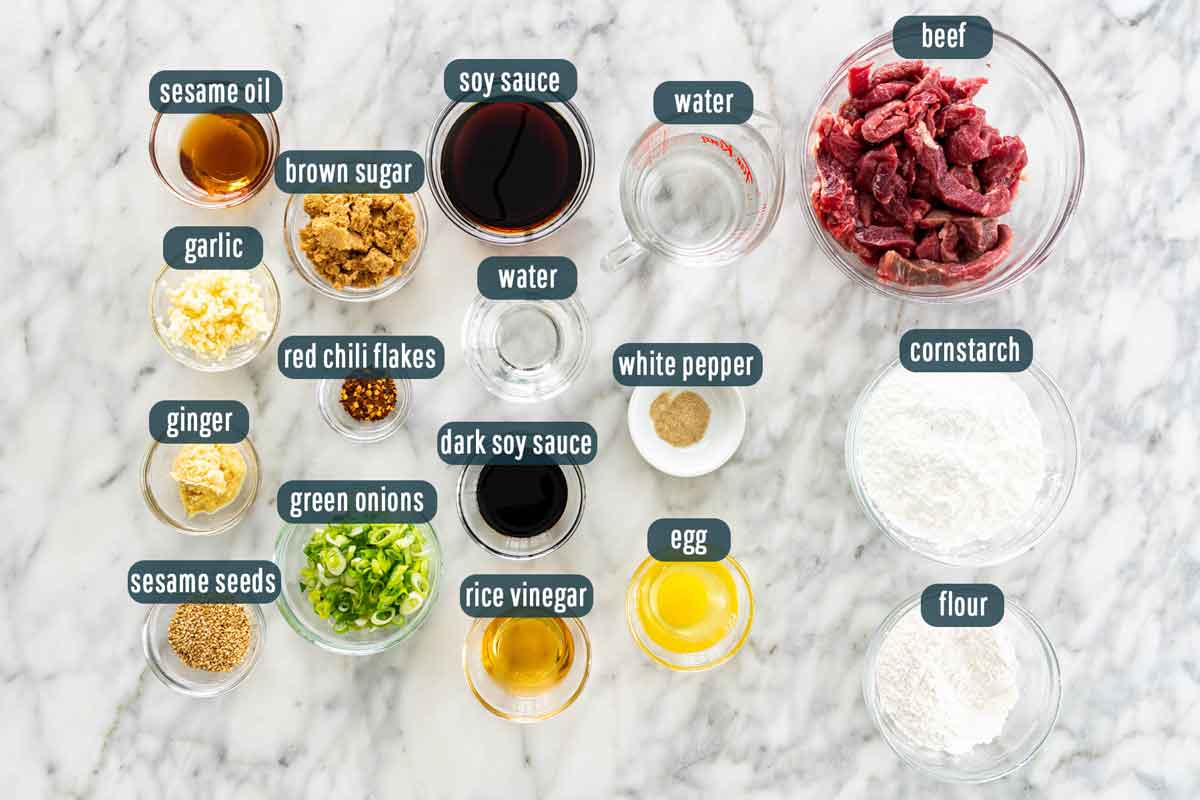 overhead shot of all the ingredients needed to make ginger beef