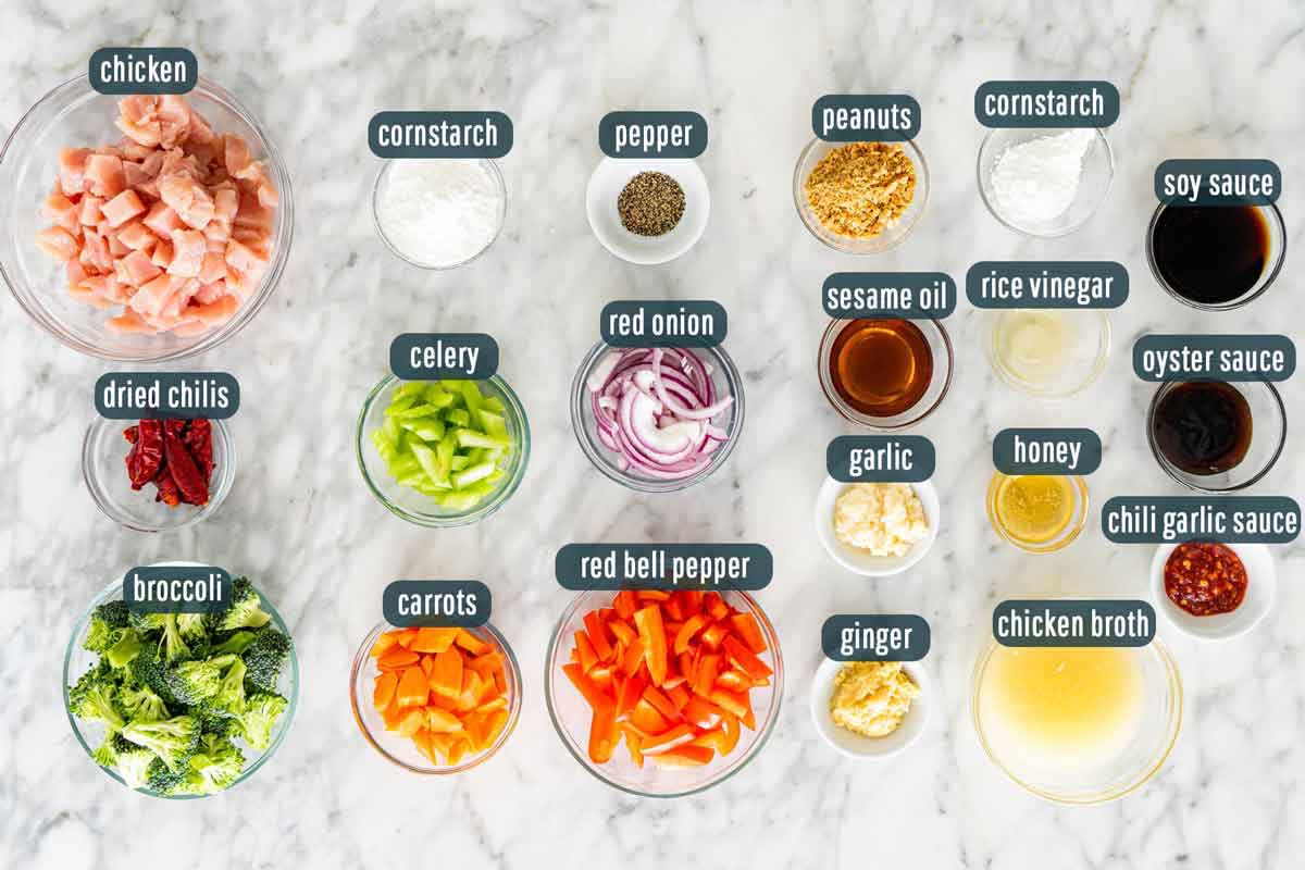 overhead shot of all ingredients needed to make hunan chicken