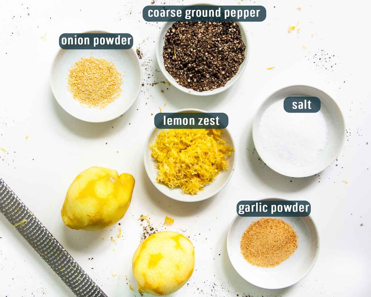overhead shot showing all the ingredients needed to make lemon pepper