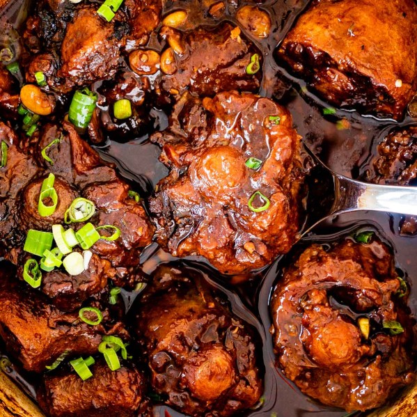 overhead shot of oxtail stew in a dutch oven garnished with green onions