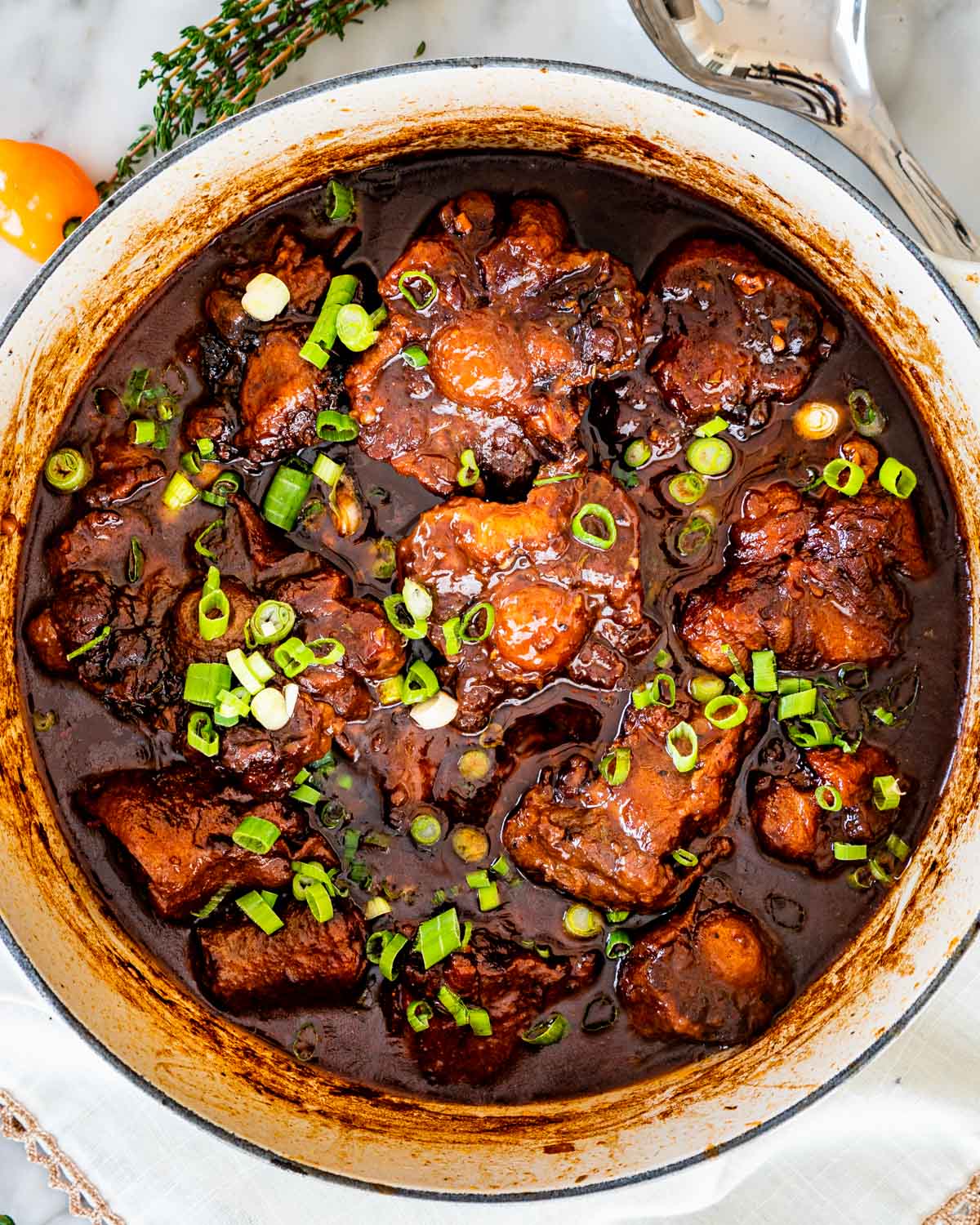 overhead shot of a pot full of oxtail stew garnished with green onions