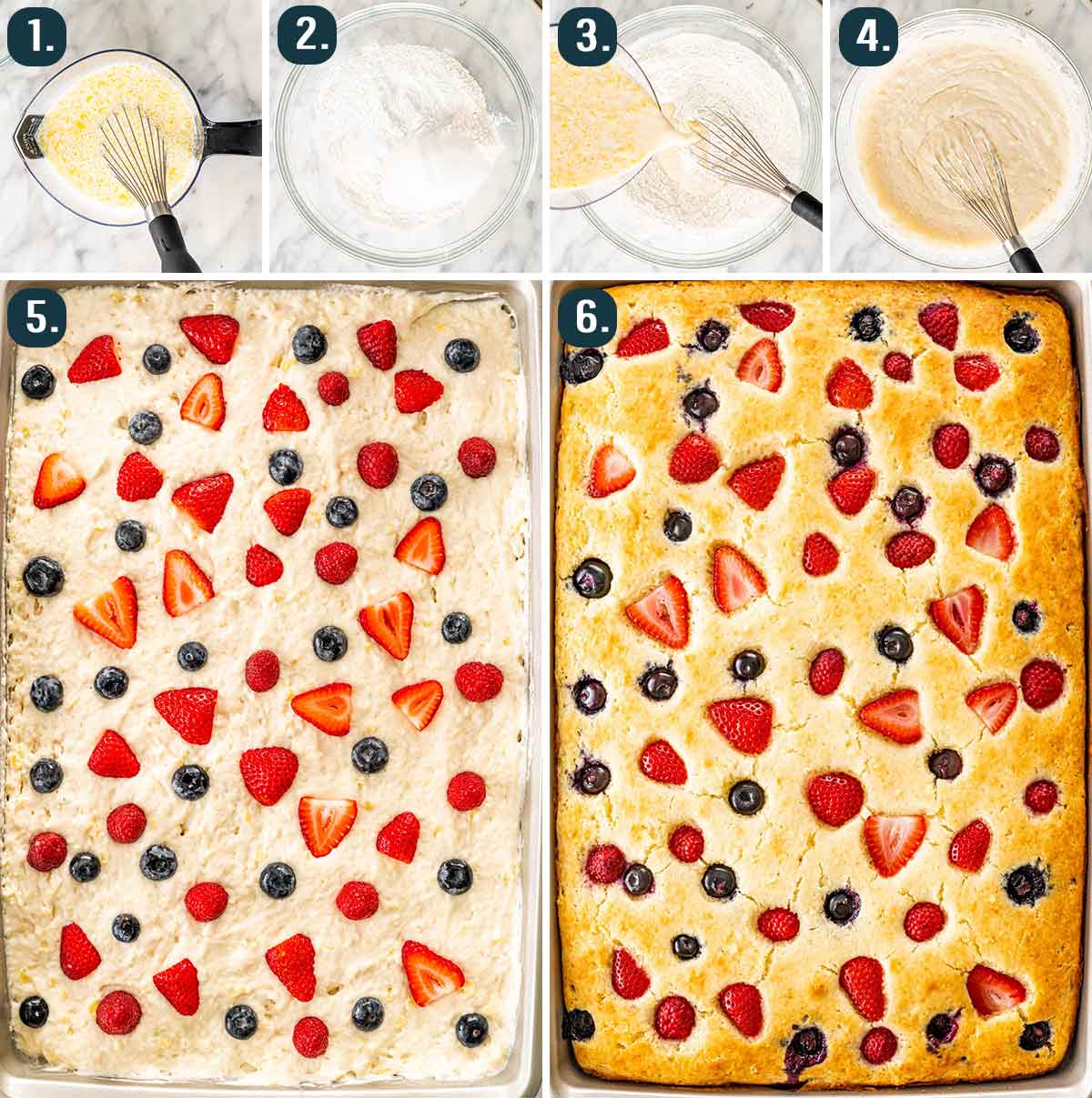 process shots showing how to make sheet pan pancakes