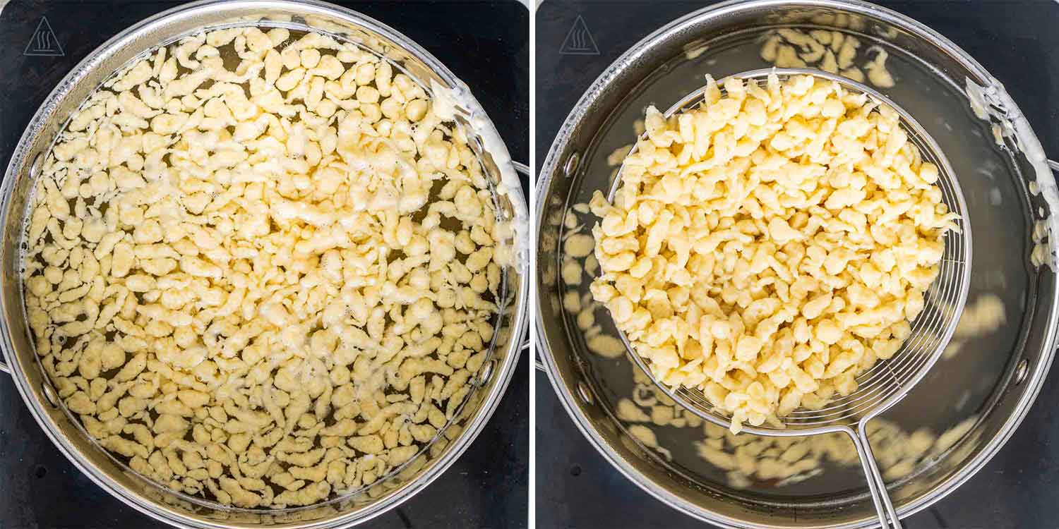 process shots showing how to make homemade spaetzle.