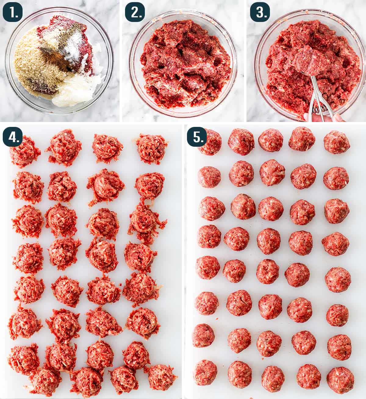 process shots showing how to make meat mixture for swedish meatballs and how to form them