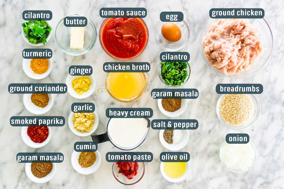 overhead shot of all the ingredients needed to make butter chicken meatballs