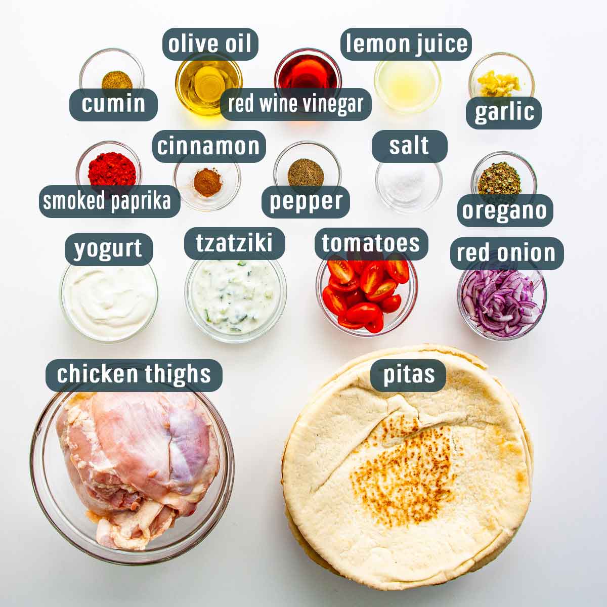 overhead shot of all the ingredients needed to make chicken gyros