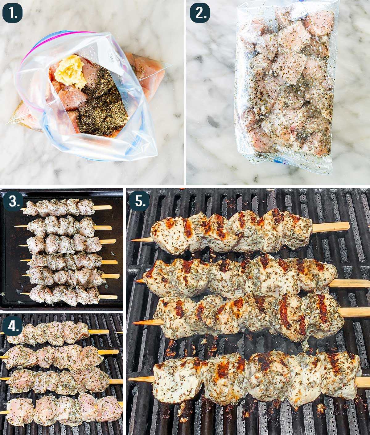 detailed process shots showing how to make chicken souvlaki skewers on the grill