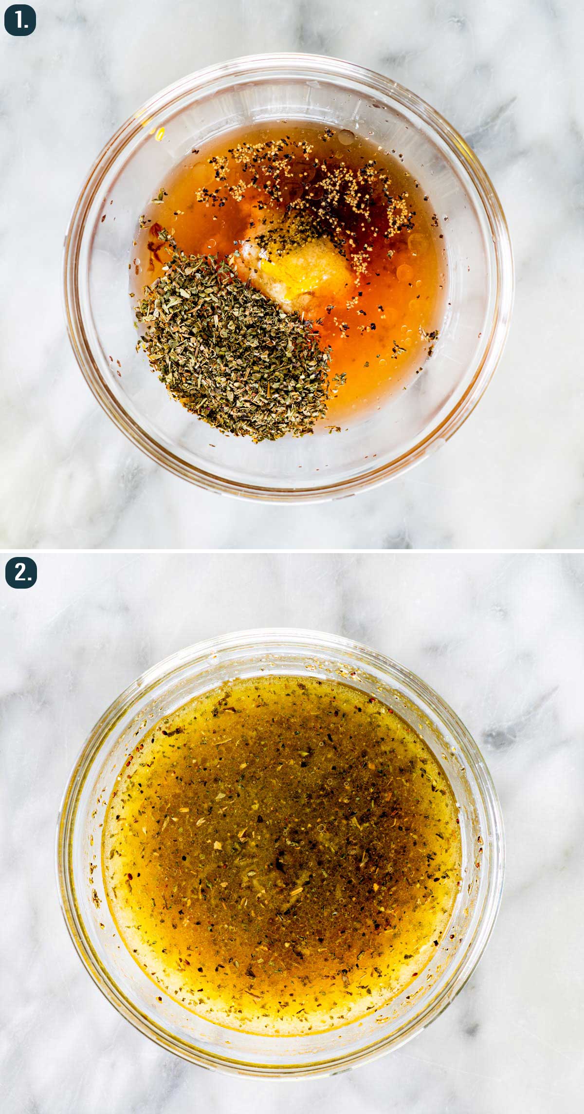 detailed process shots showing how to make greek salad dressing