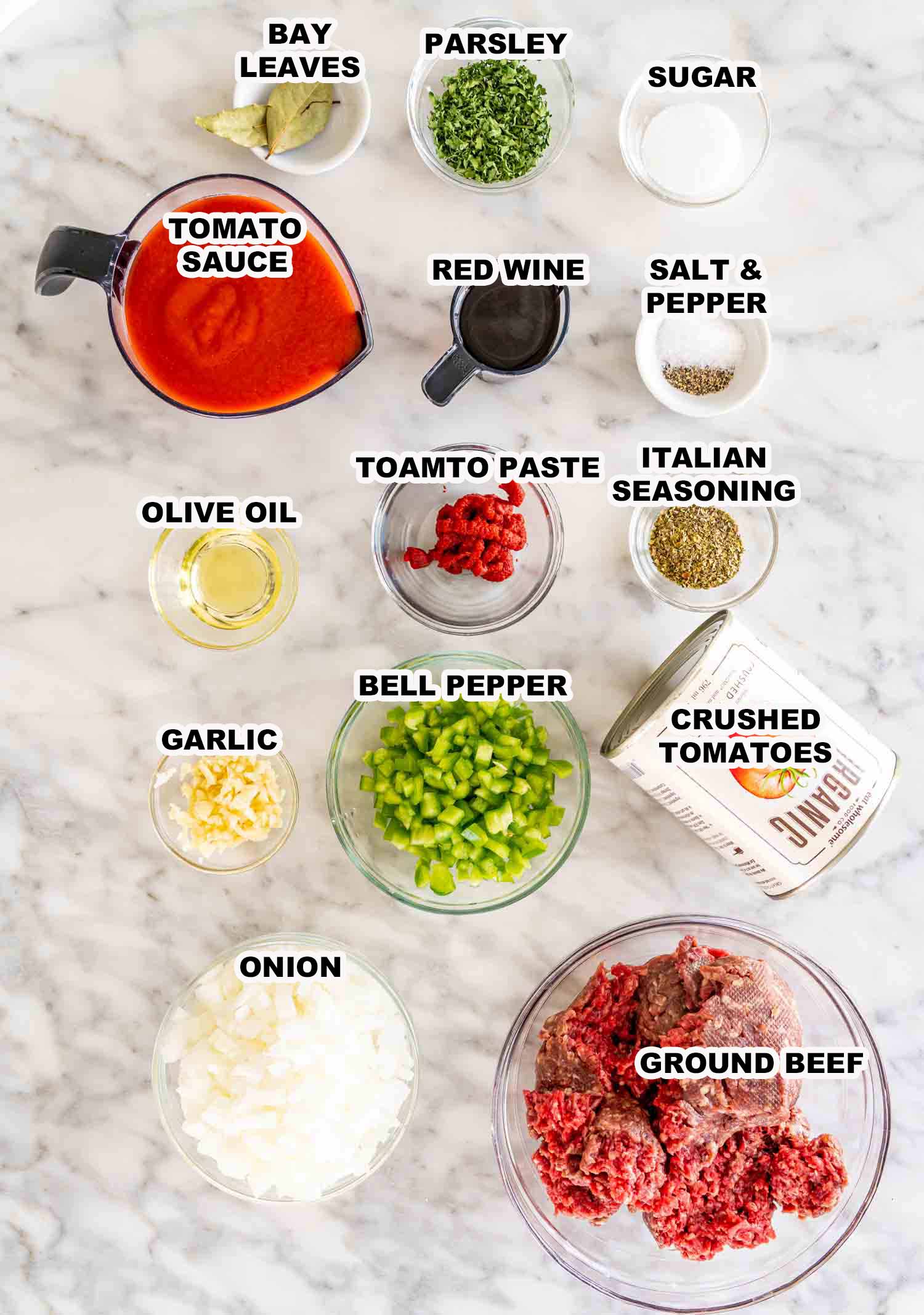 ingredients needed to make meat sauce.
