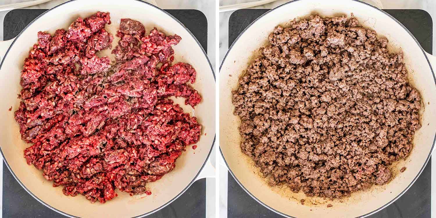 process shots showing how to make meat sauce.