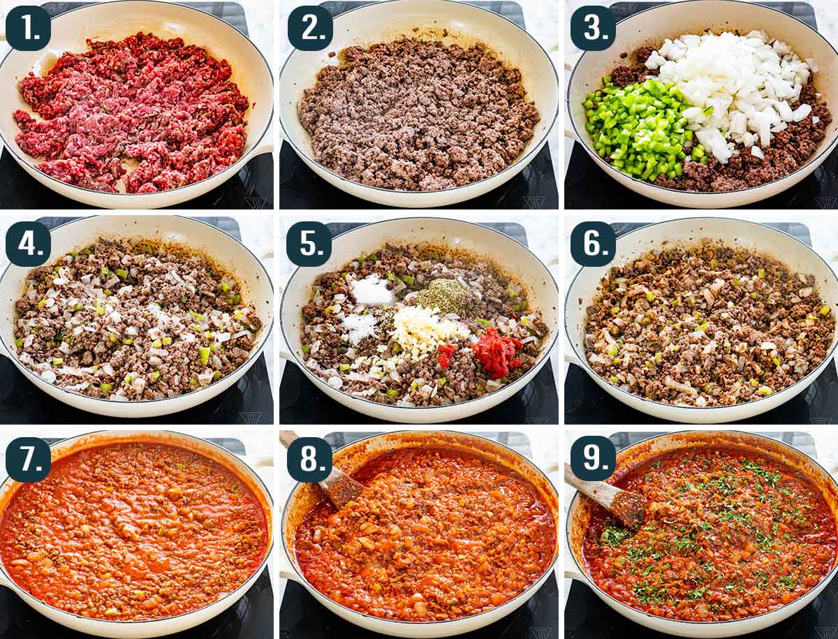 detailed process shots showing how to make meat sauce from start to finish