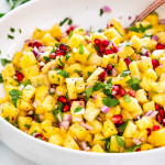 freshly made pineapple salsa in a white bowl.