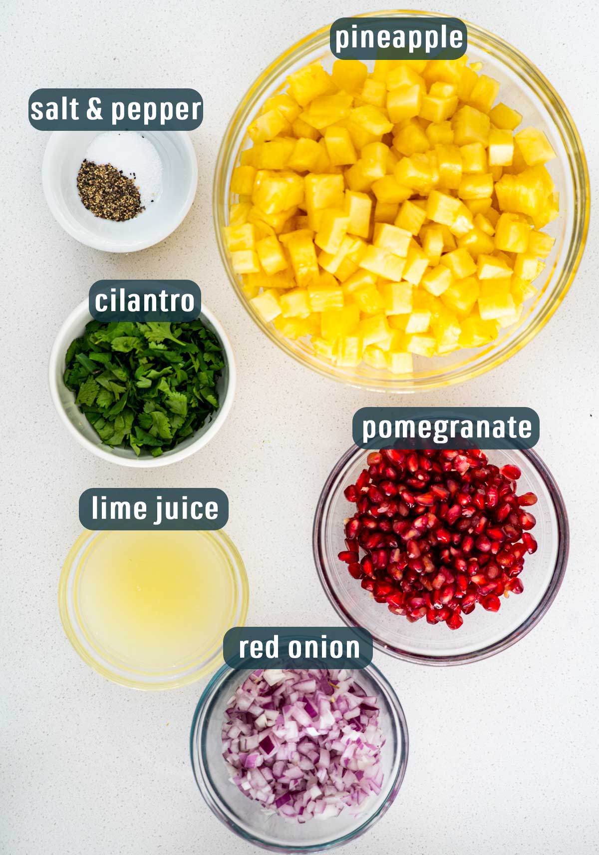 overhead shot of all ingredients needed to make pineapple salsa.