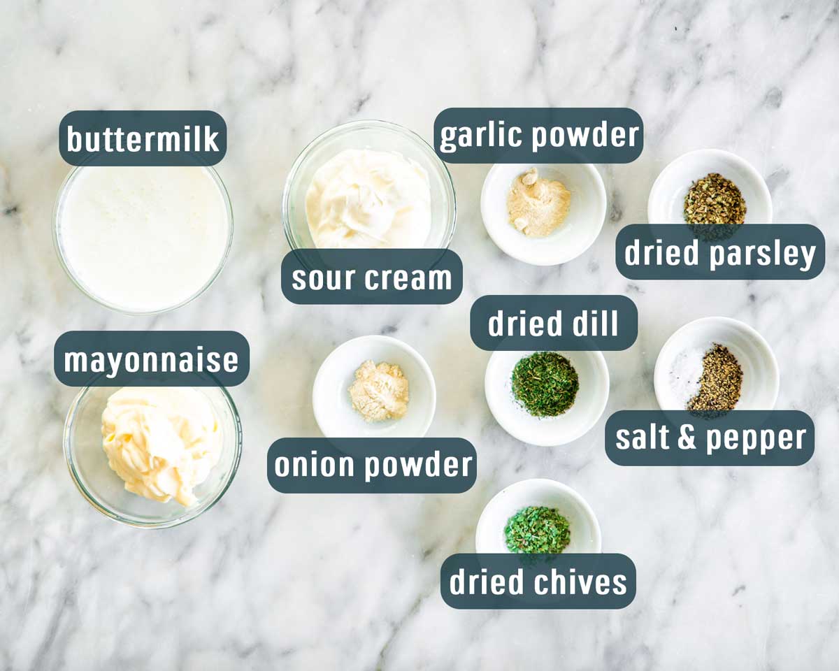 overhead shot of all the ingredients needed to make ranch dressing at home