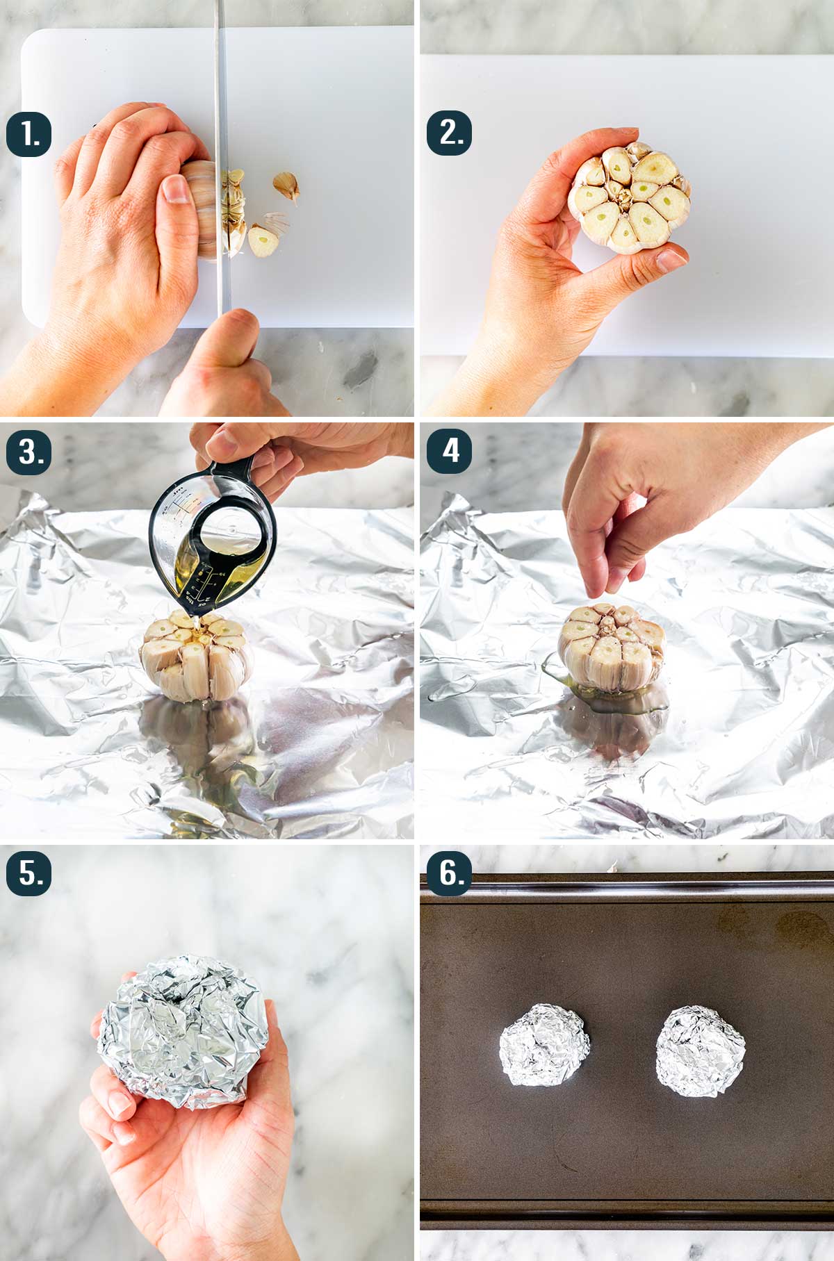 detailed process shots showing how to make roasted garlic