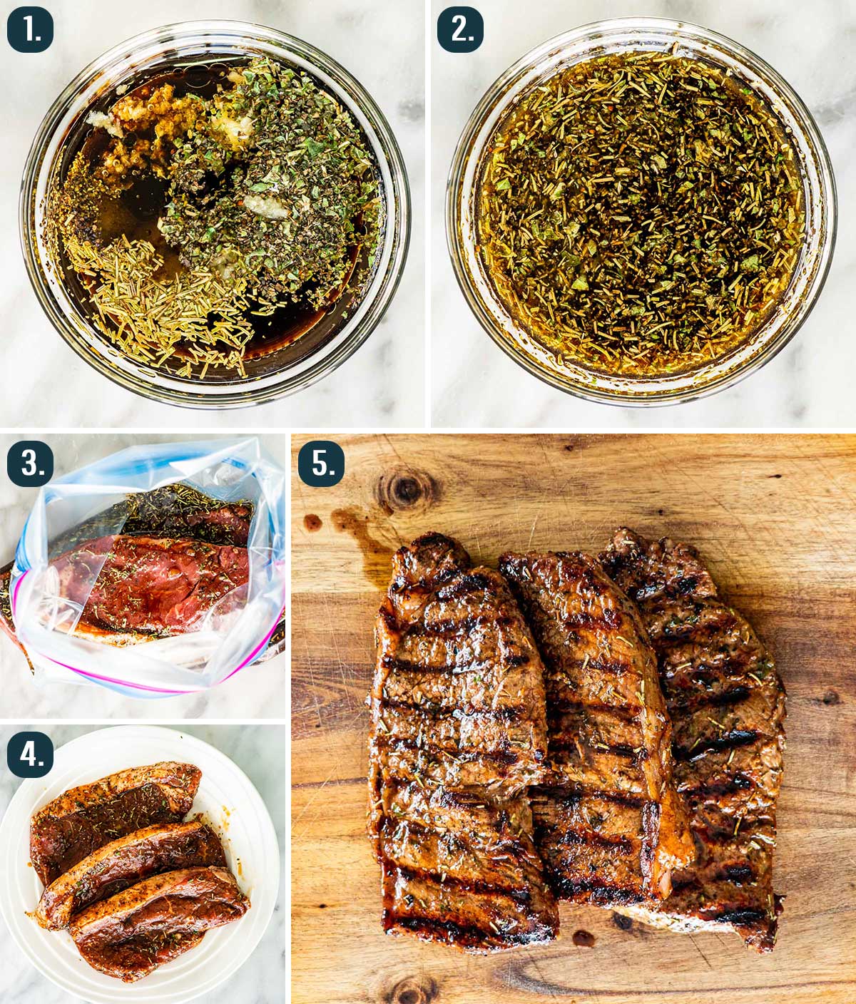 detailed process shots showing how to make steak marinade and how to marinade steaks