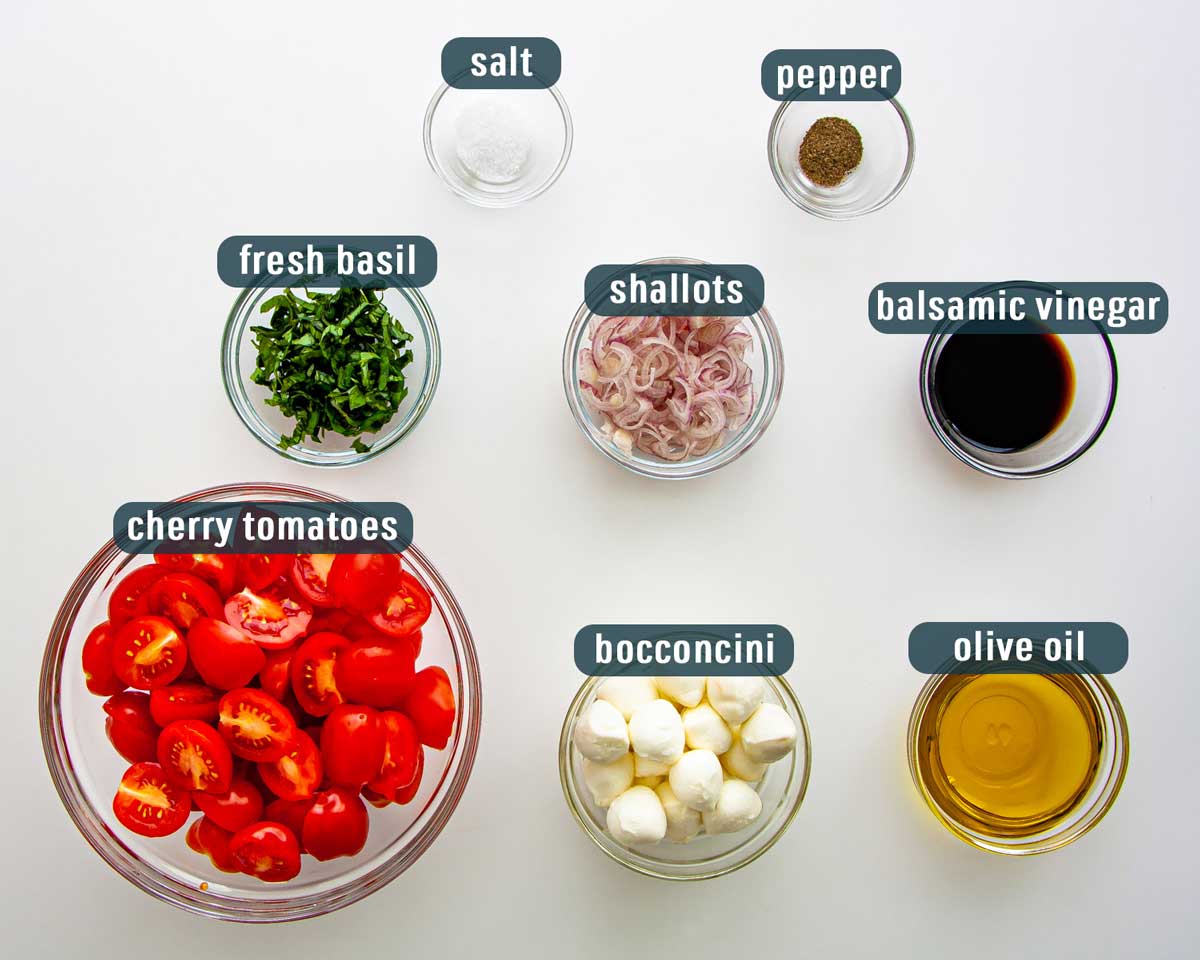 overhead shot of all the ingredients needed to make tomato basil salad