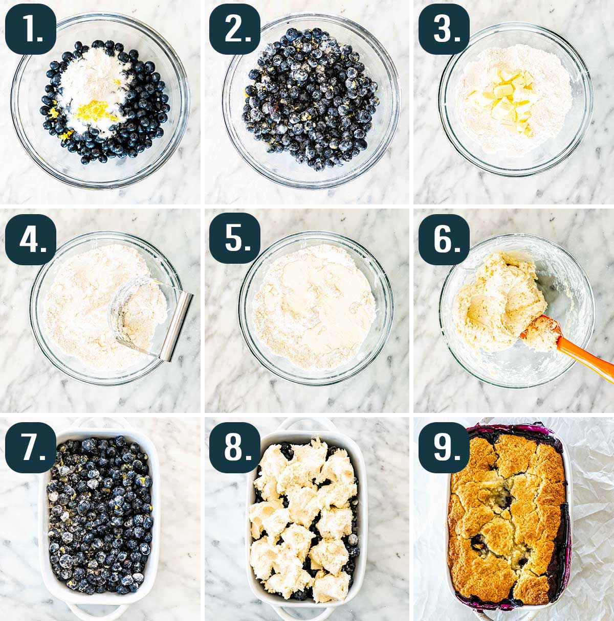detailed process shots showing how to make a blueberry cobbler