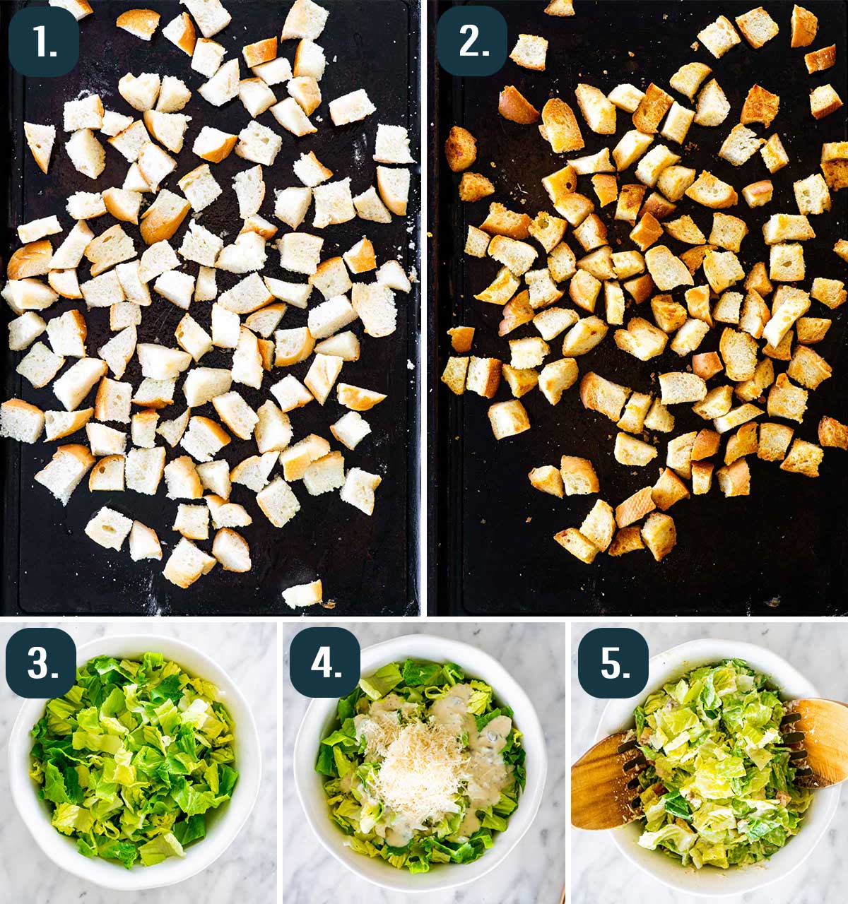 detailed process shots showing how to make caesar salad