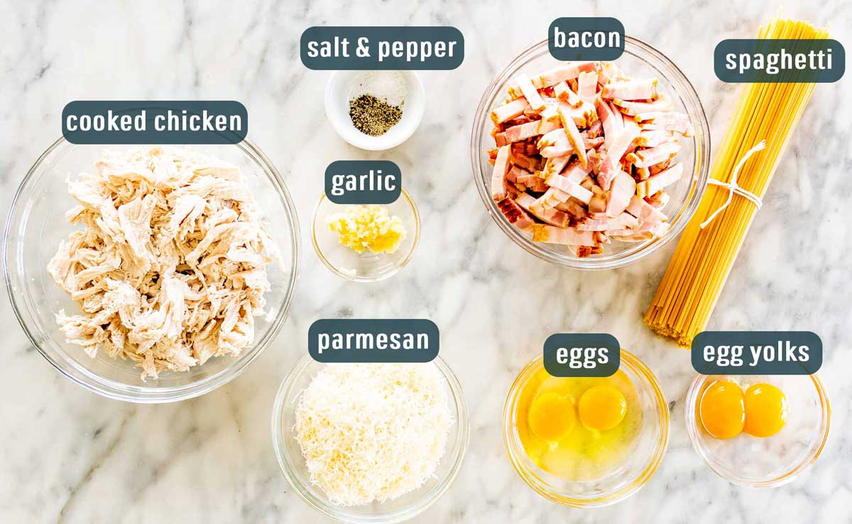 overhead shot of all the ingredients needed to make chicken carbonara