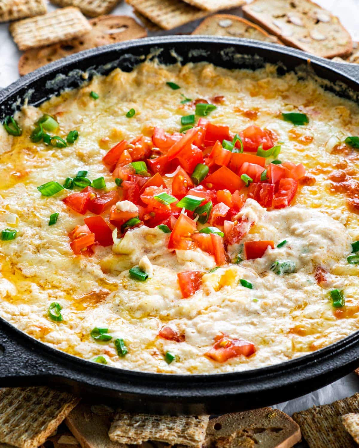 sideview shot of hot cheesy crab dip fresh from the oven and topped with freshly chopped tomatoes and green onions