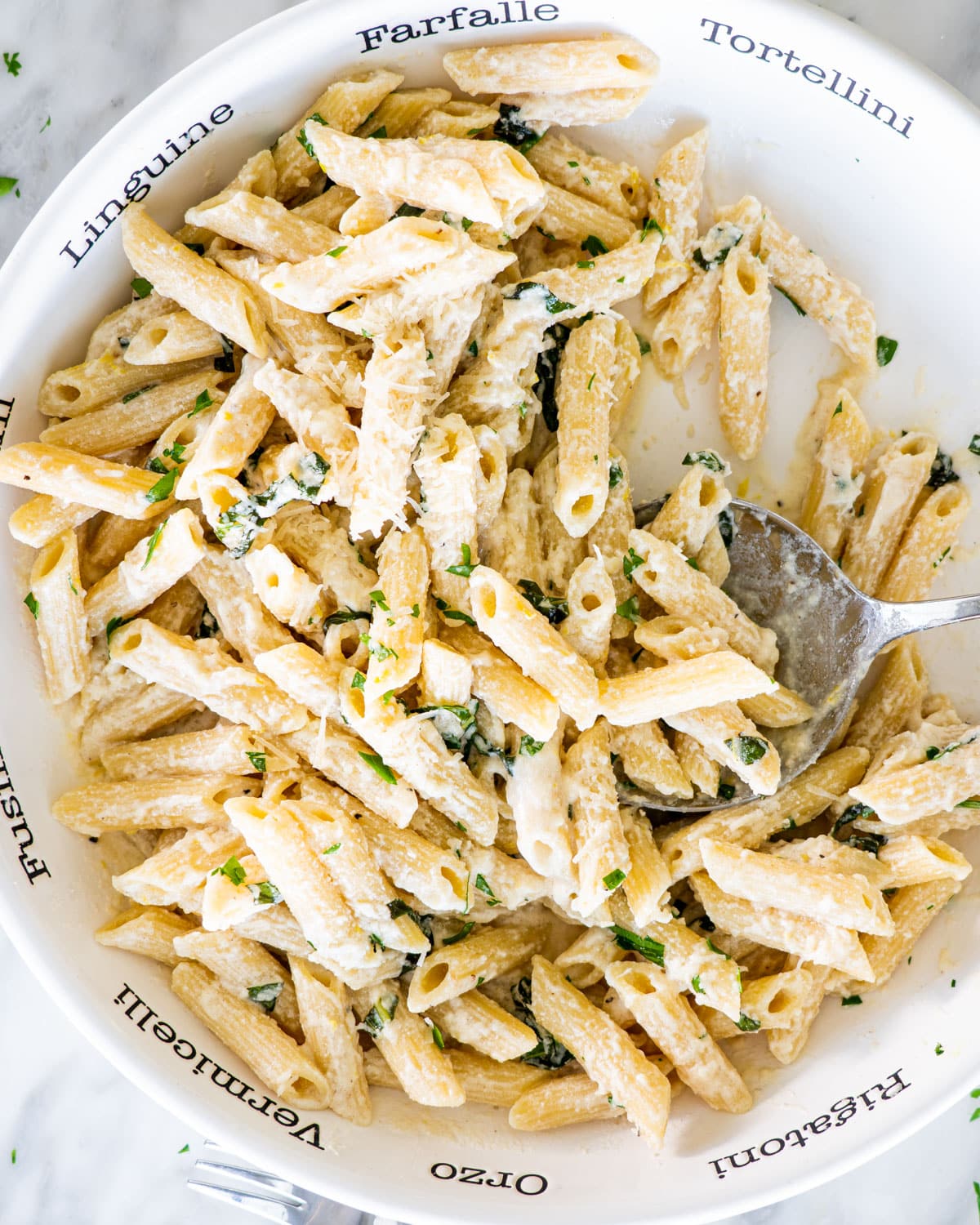 creamy goat cheese pasta in a pasta bowl garnished with fresh parsley and parmesan cheese