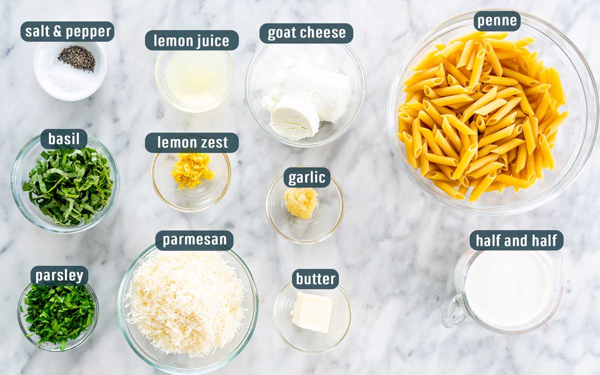 overhead shot of all the ingredients needed to make creamy goat cheese pasta