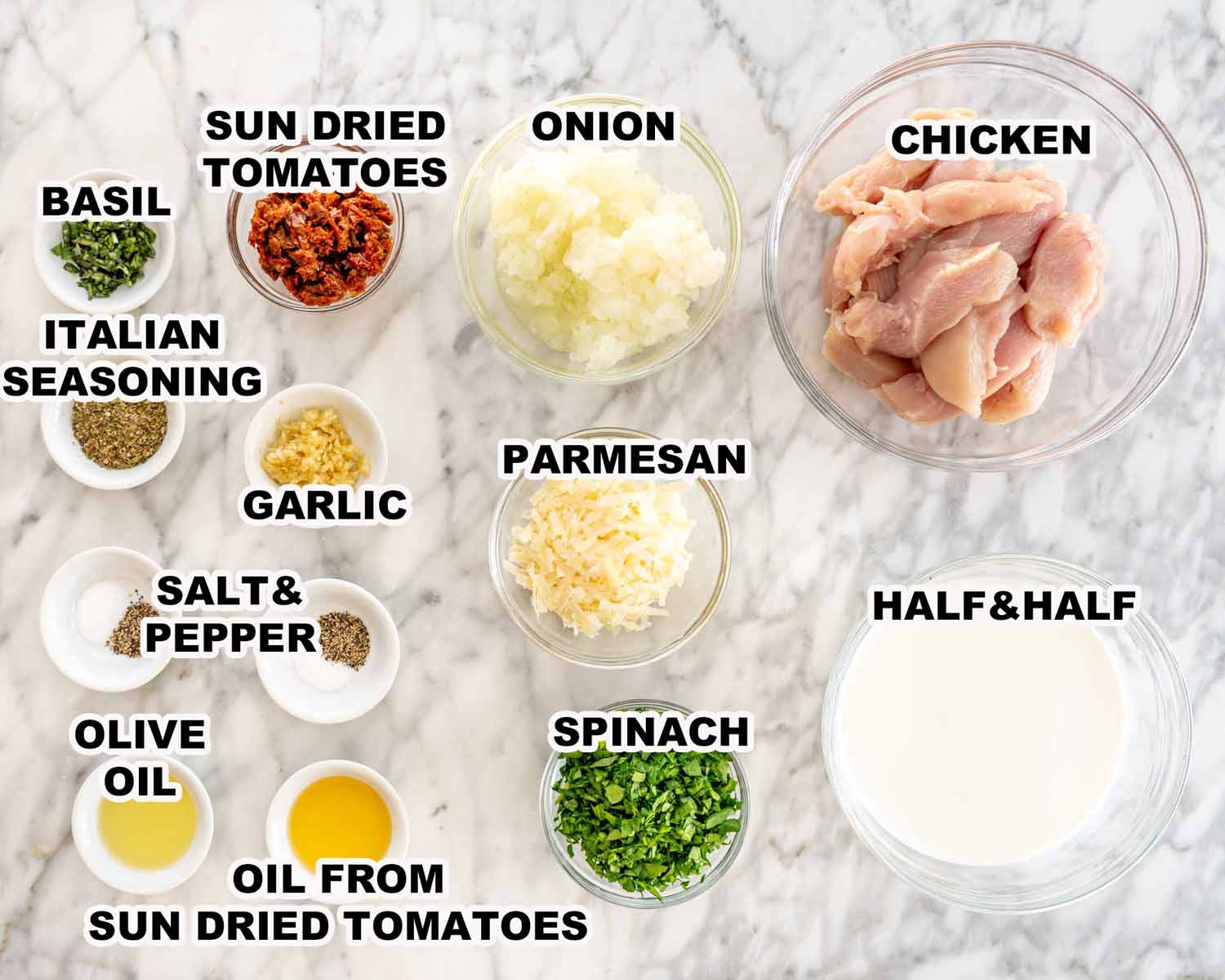 ingredients needed to make creamy tuscan chicken.