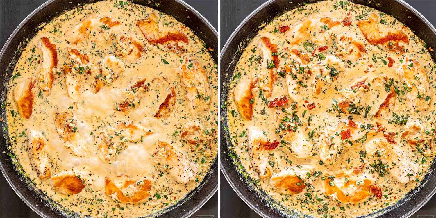 process shots showing how to make creamy tuscan chicken.