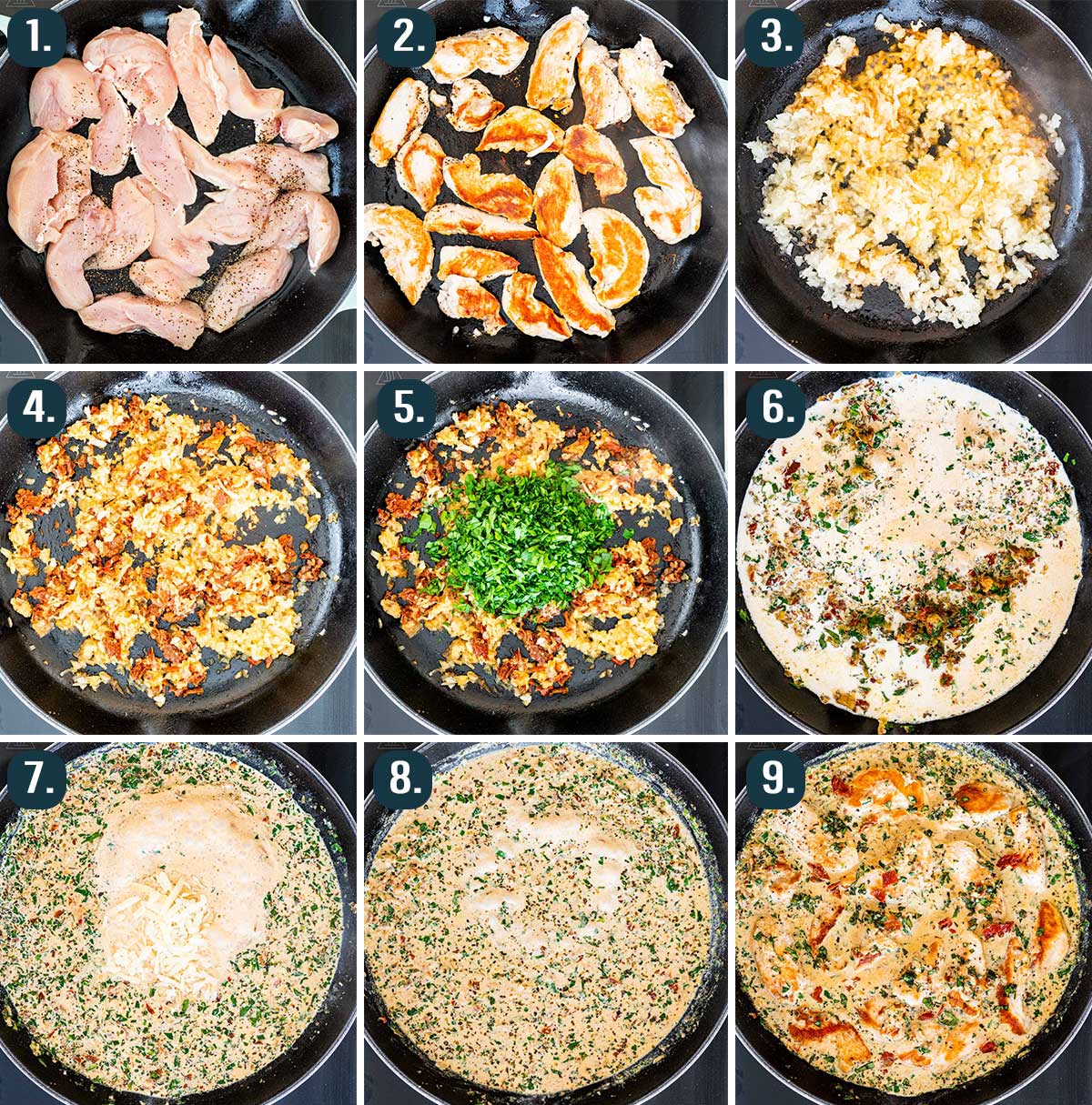 detailed process shots showing how to make creamy tuscan chicken