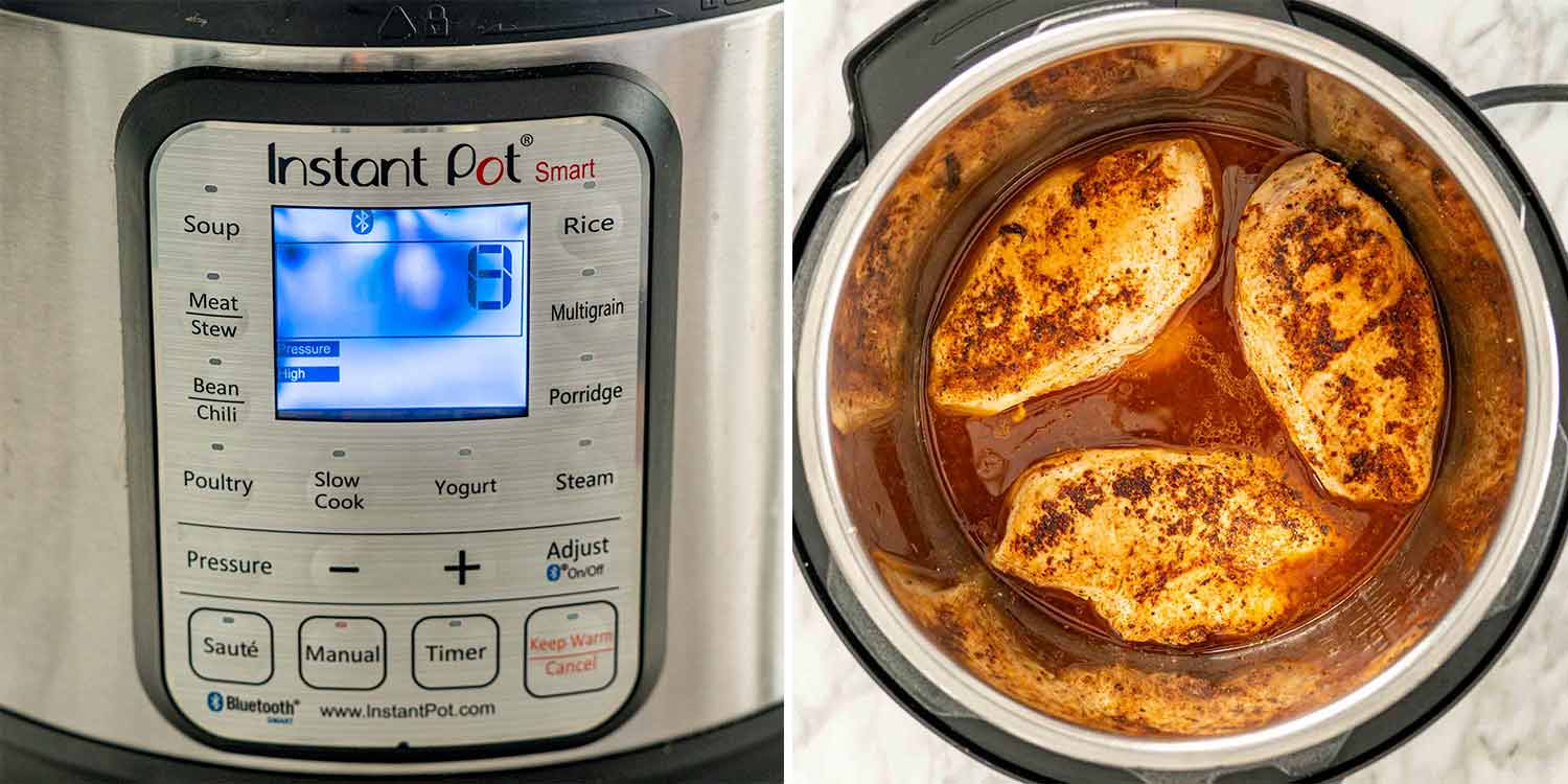 process shots showing how to make instant pot bbq pulled chicken.