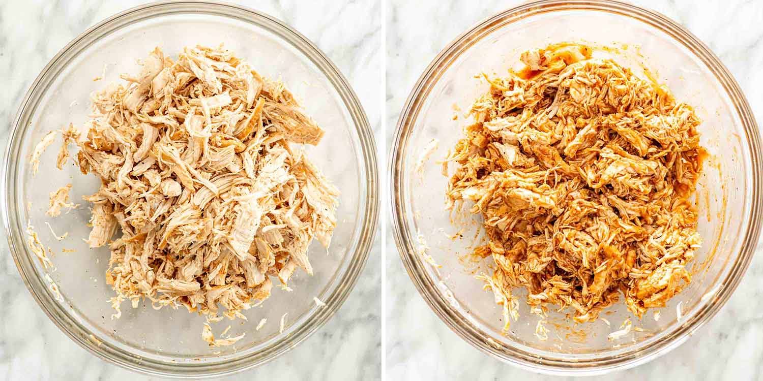 process shots showing how to make instant pot bbq pulled chicken.