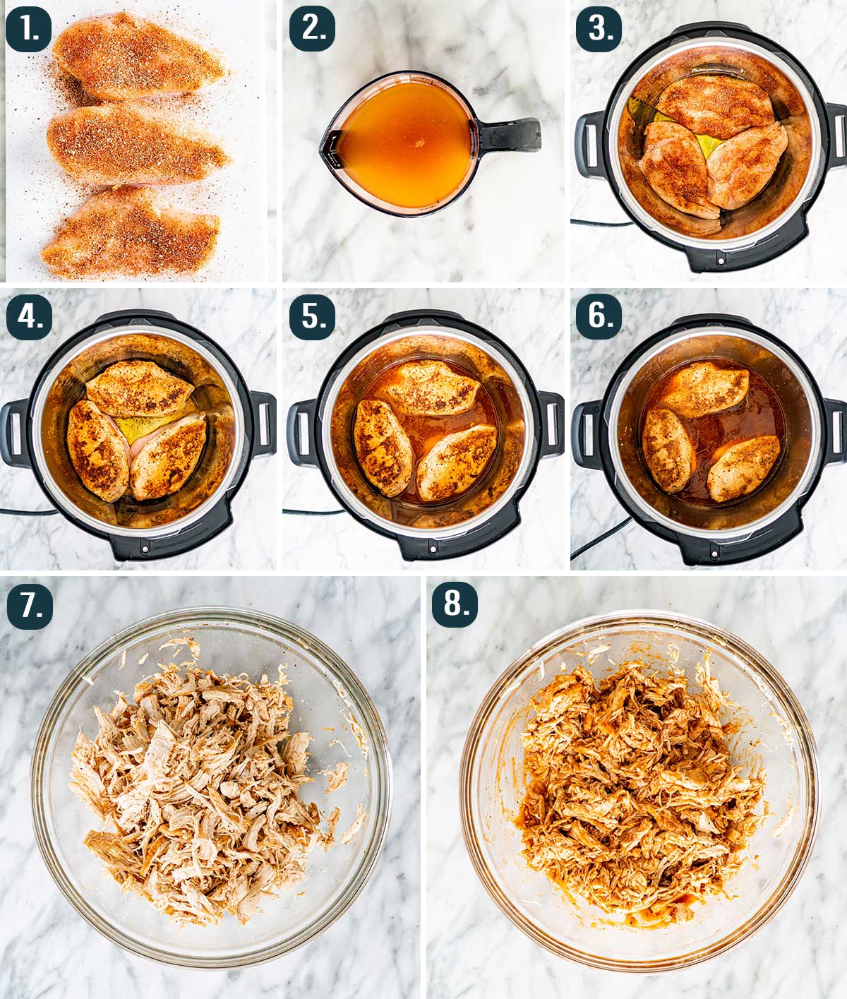 detailed process shots showing how to make bbq pulled chicken in the instant pot