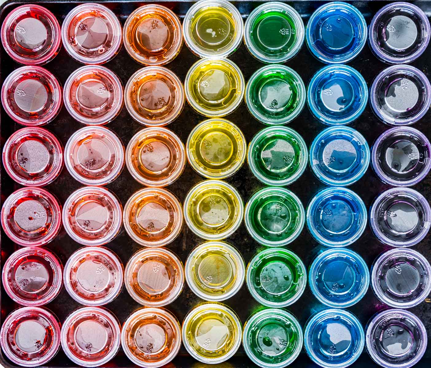overhead shot of a rainbow of jello shots in little plastic cups with lids on
