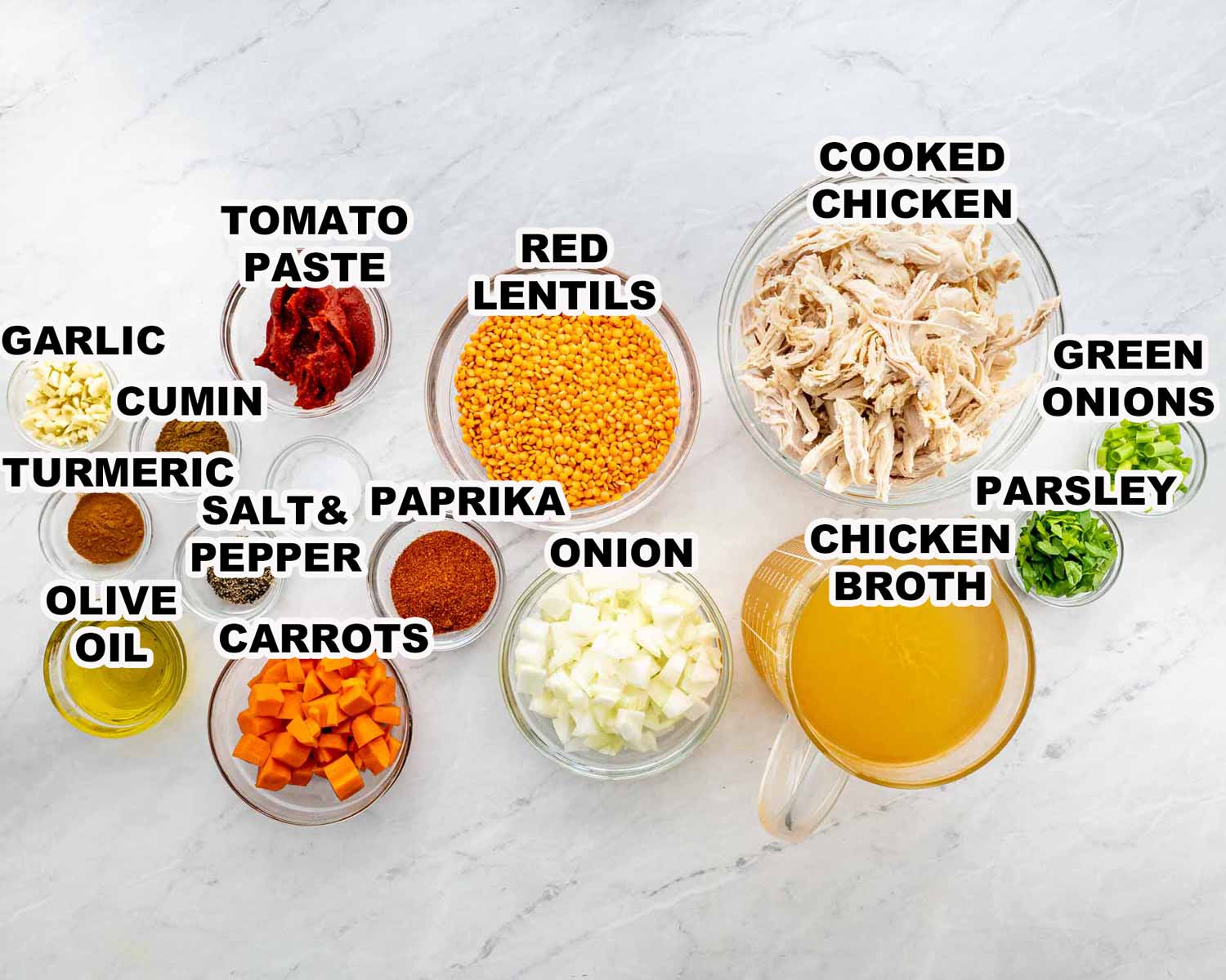 ingredients needed to make red lentil chicken soup.