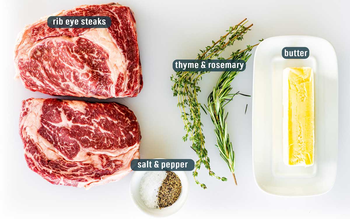 overhead shot of all the ingredients needed to make pan seared steak with herbed browned butter