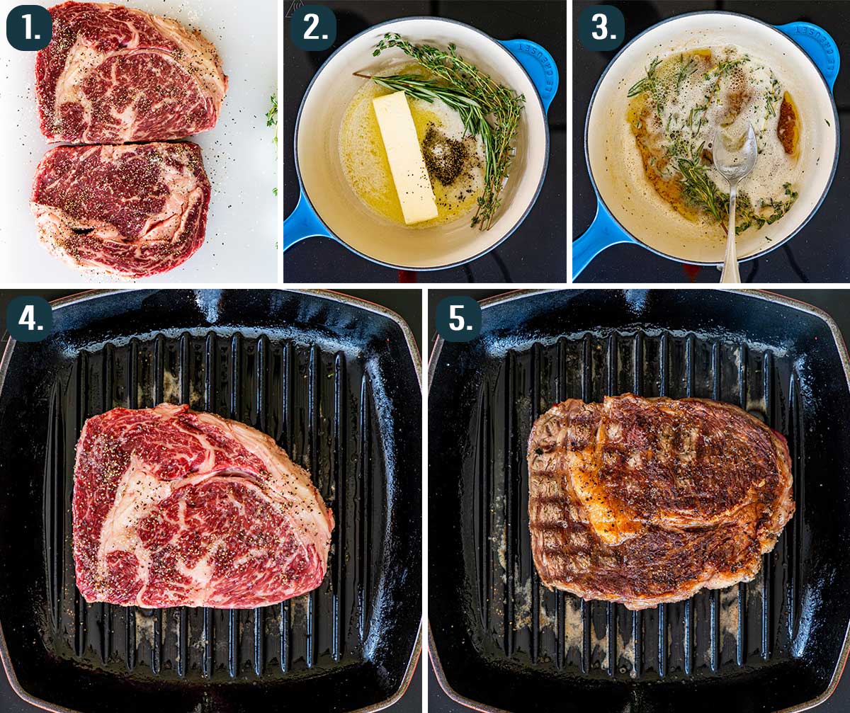 detailed process shots showing how to pan sear steak and how to make browned butter