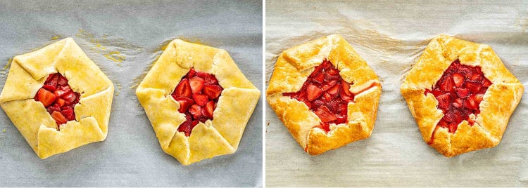 process shots showing how to make strawberry galette.