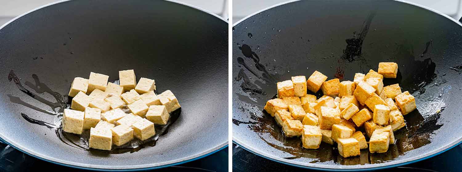 process shots showing how to cook tofu for tofu drunken noodles.