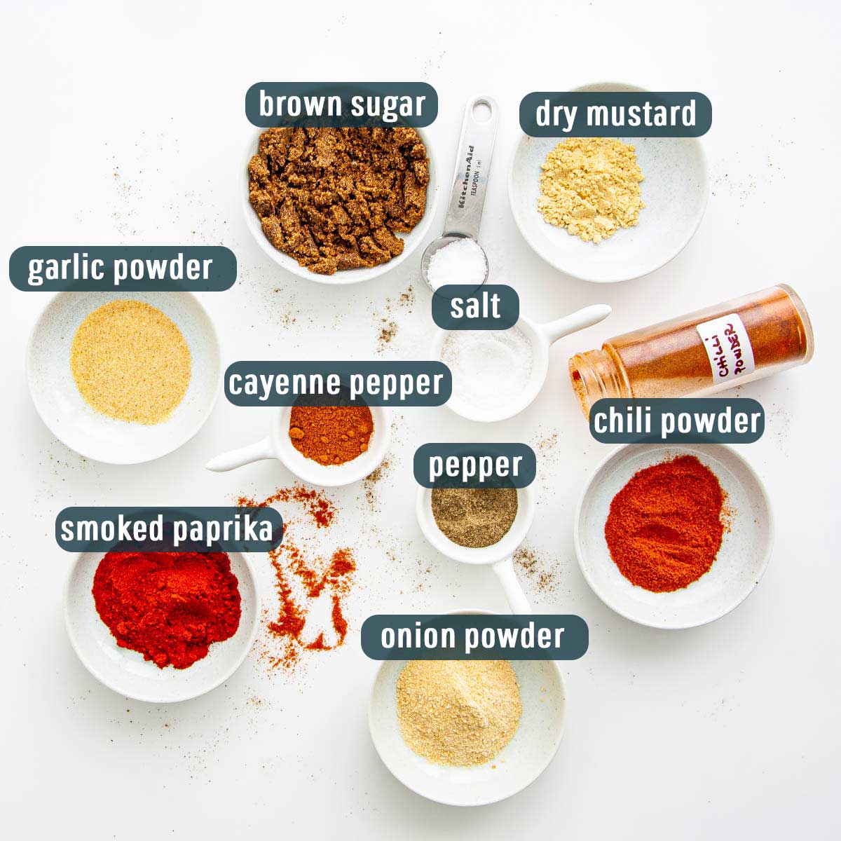 overhead shot of all ingredients needed to make bbq dry rub