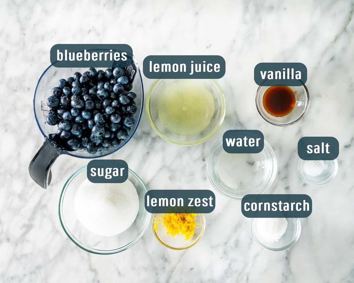 overhead shot of all the ingredients needed to make blueberry sauce from scratch