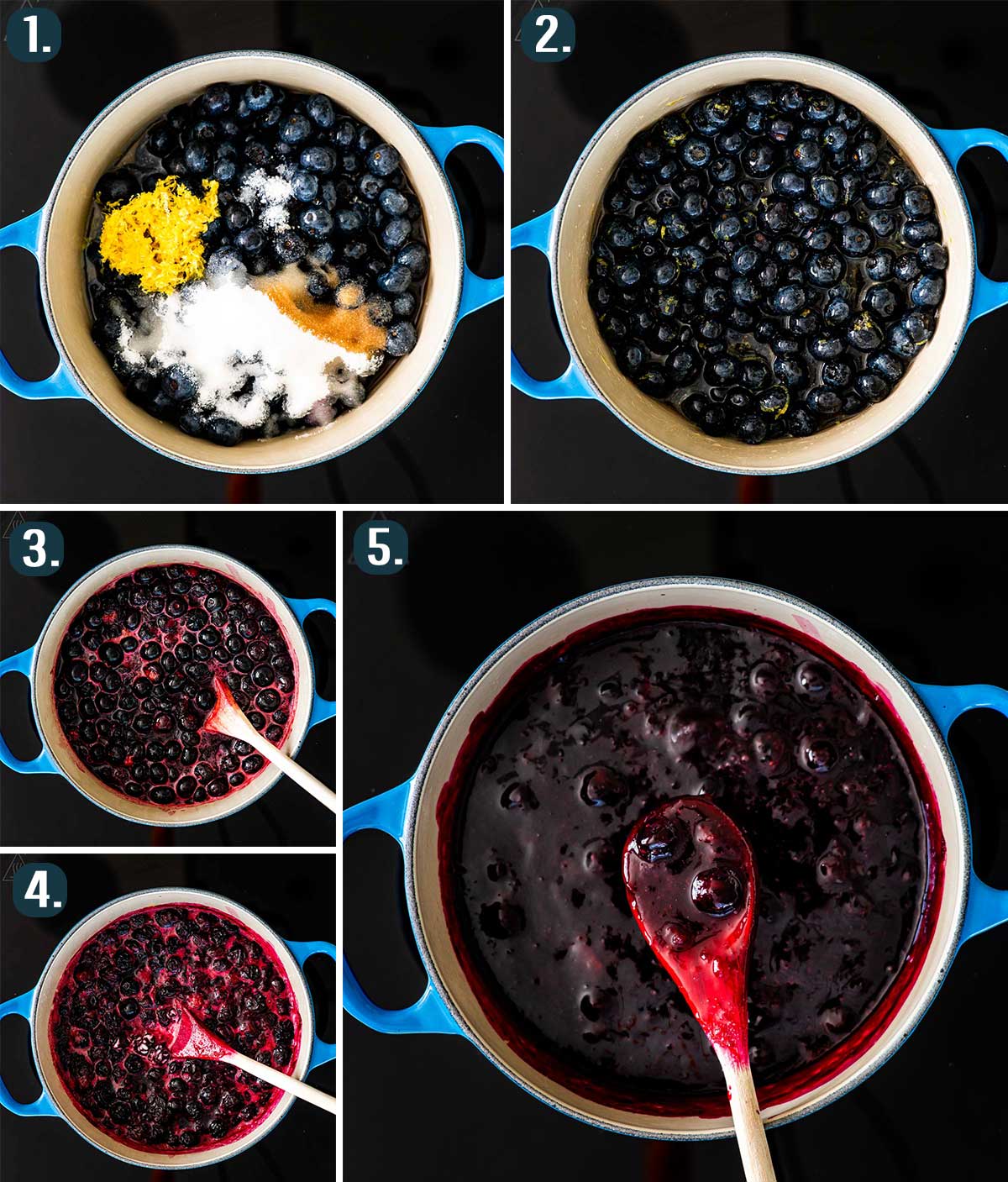detailed process shots showing how to make blueberry sauce