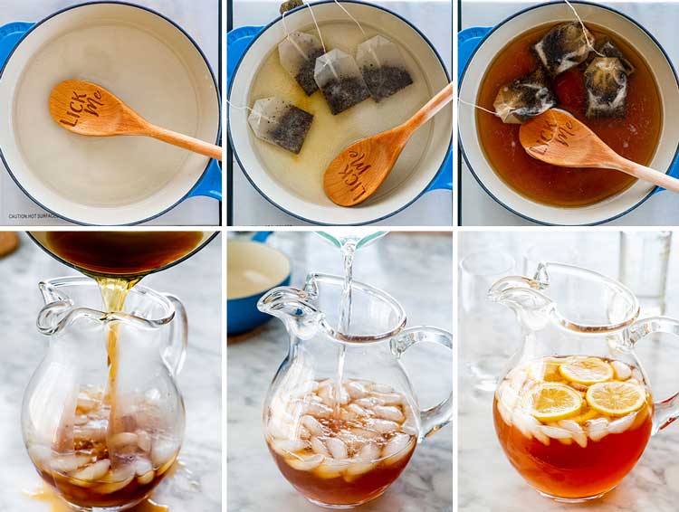 detailed process shots showing how to make a boozy arnold palmer