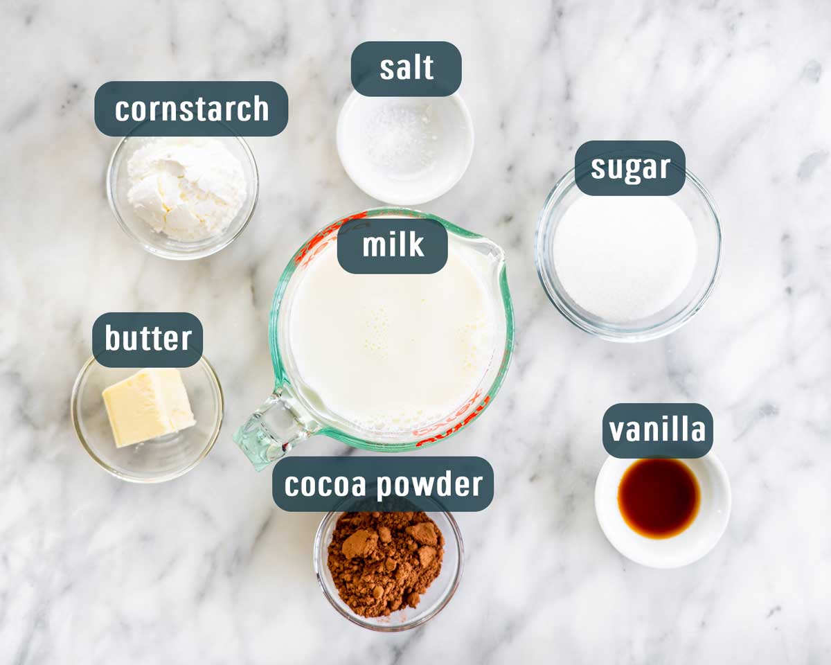 overhead shot of all the ingredients necessary to make chocolate pudding from scratch