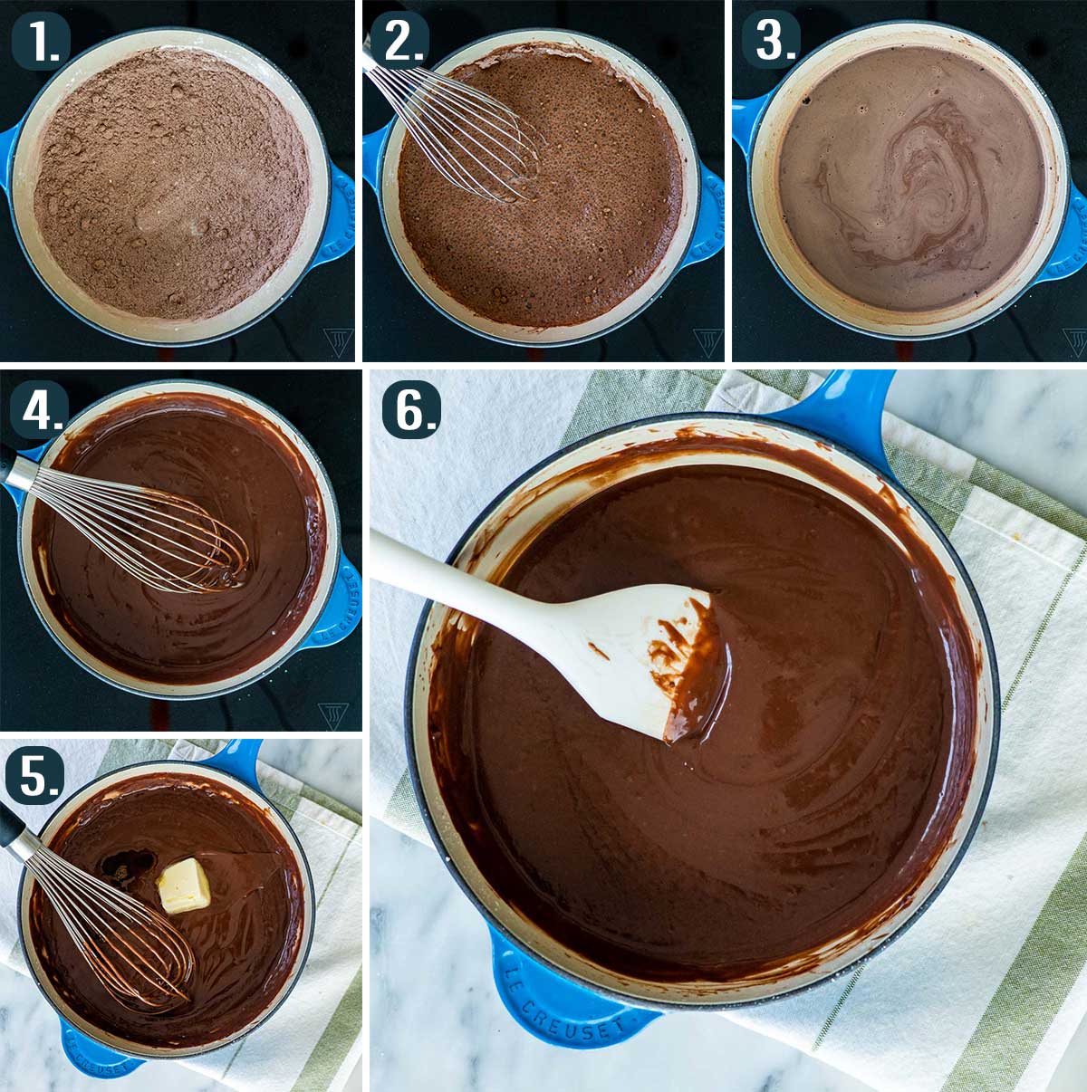 detailed process shots showing how to make chocolate pudding from scratch
