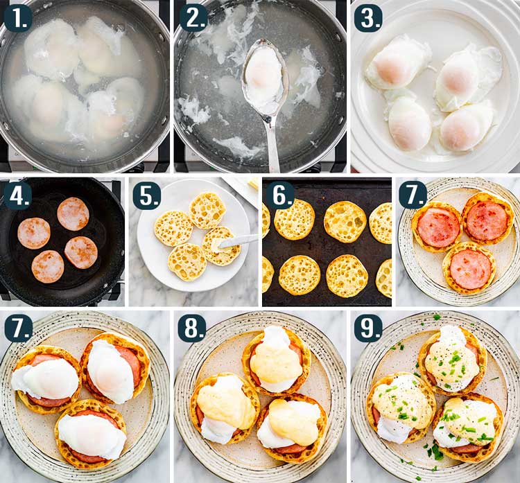 detailed process shots showing how to poach eggs and how to make eggs benedict