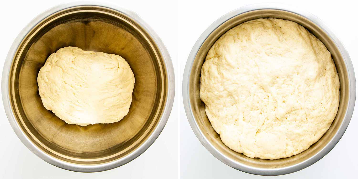 process shots showing garlic knots dough before and after rising in a bowl.