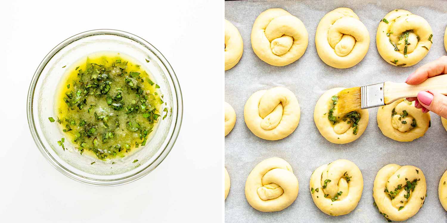process shots showing how to brush garlic knots with butter.